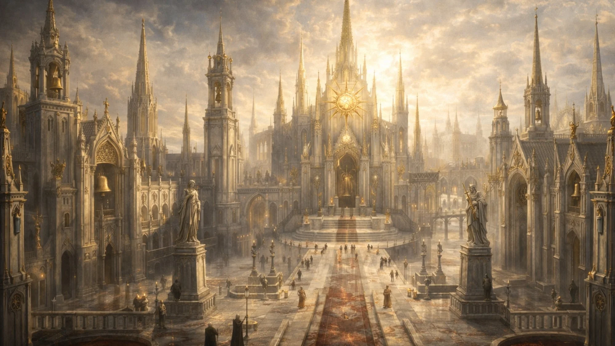 A grand, ornate cathedral with tall spires and statues, illuminated by golden sunlight, with people walking on the marble courtyard.
