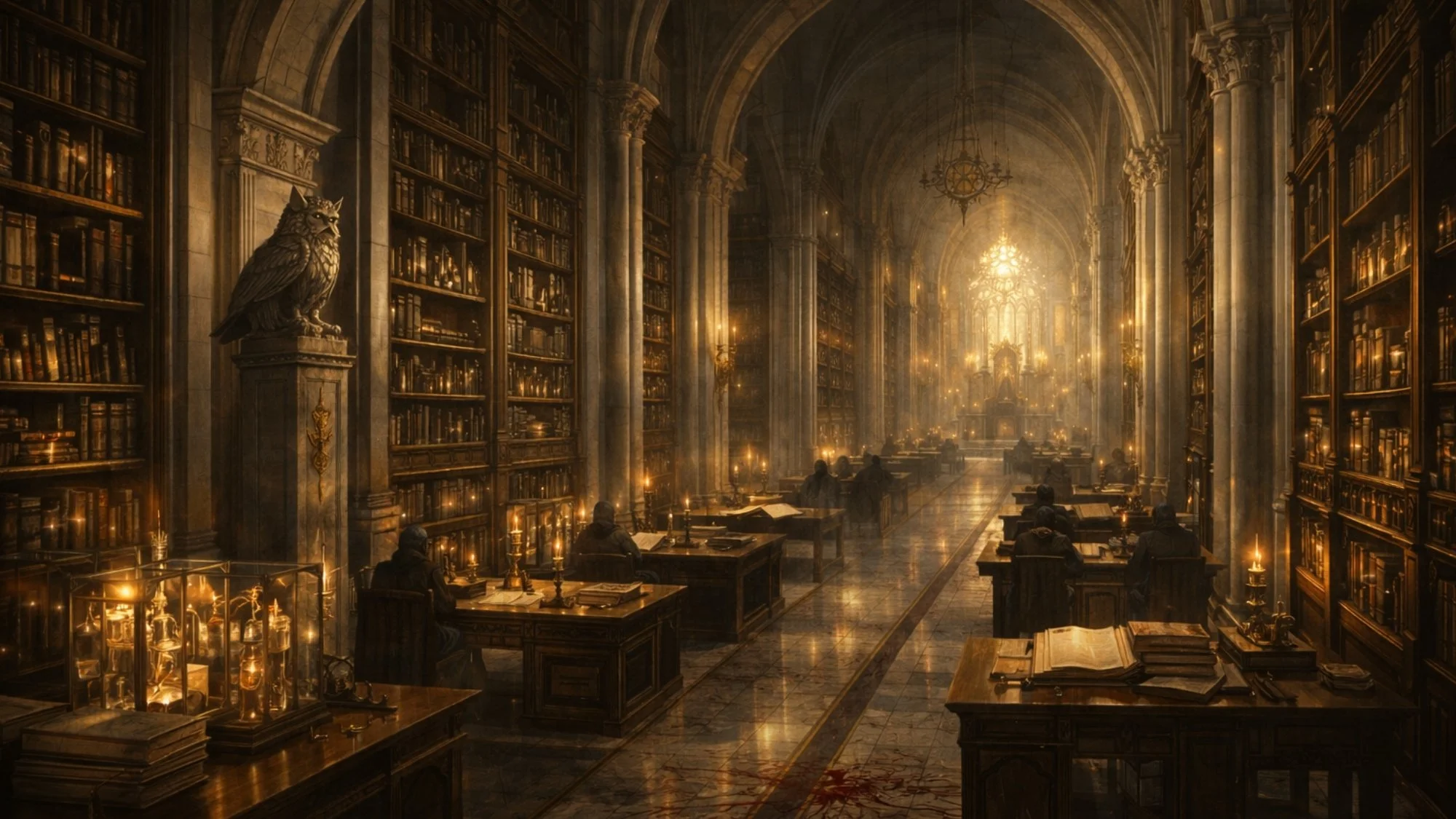 A grand, ornate, antique library with tall, wooden bookshelves filled with books, and a high, vaulted ceiling with chandeliers. There are desks with scholars reading and writing, and candlelight illuminating the scene.