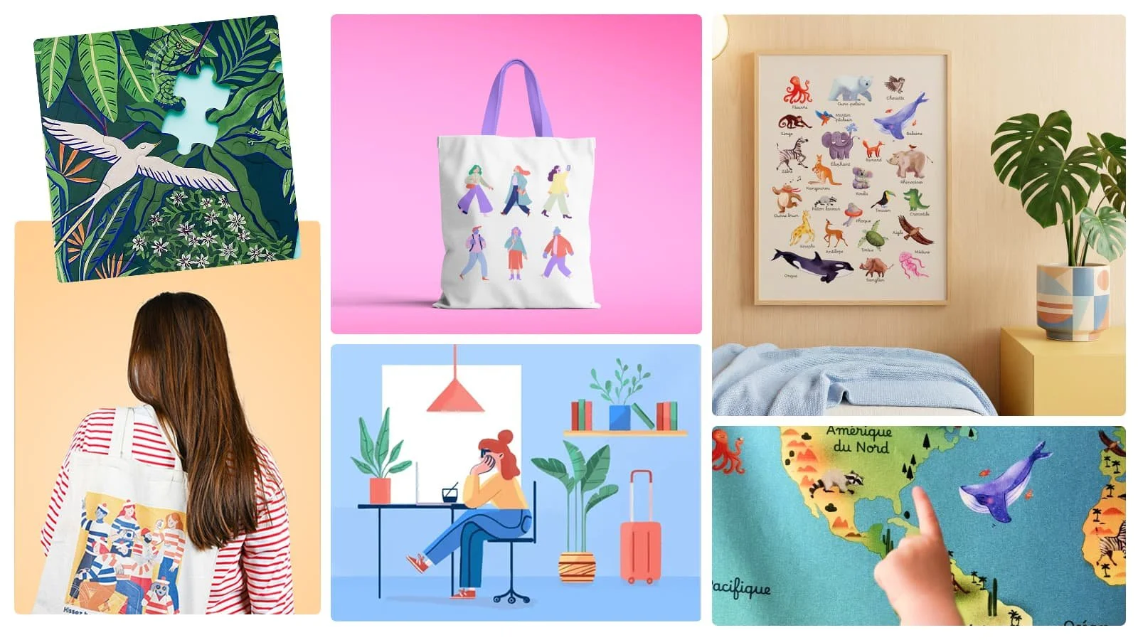 Collage de cinq images : un puzzle avec un oiseau et des feuilles, un sac en toile avec des figures de personnes, une affiche avec des animaux colorés, une femme avec un sac à dos illustré d'animaux, une personne assise à un bureau avec une plante et une valise, une carte du monde avec une main pointant un animal dans la région du Nord de l'Amérique.