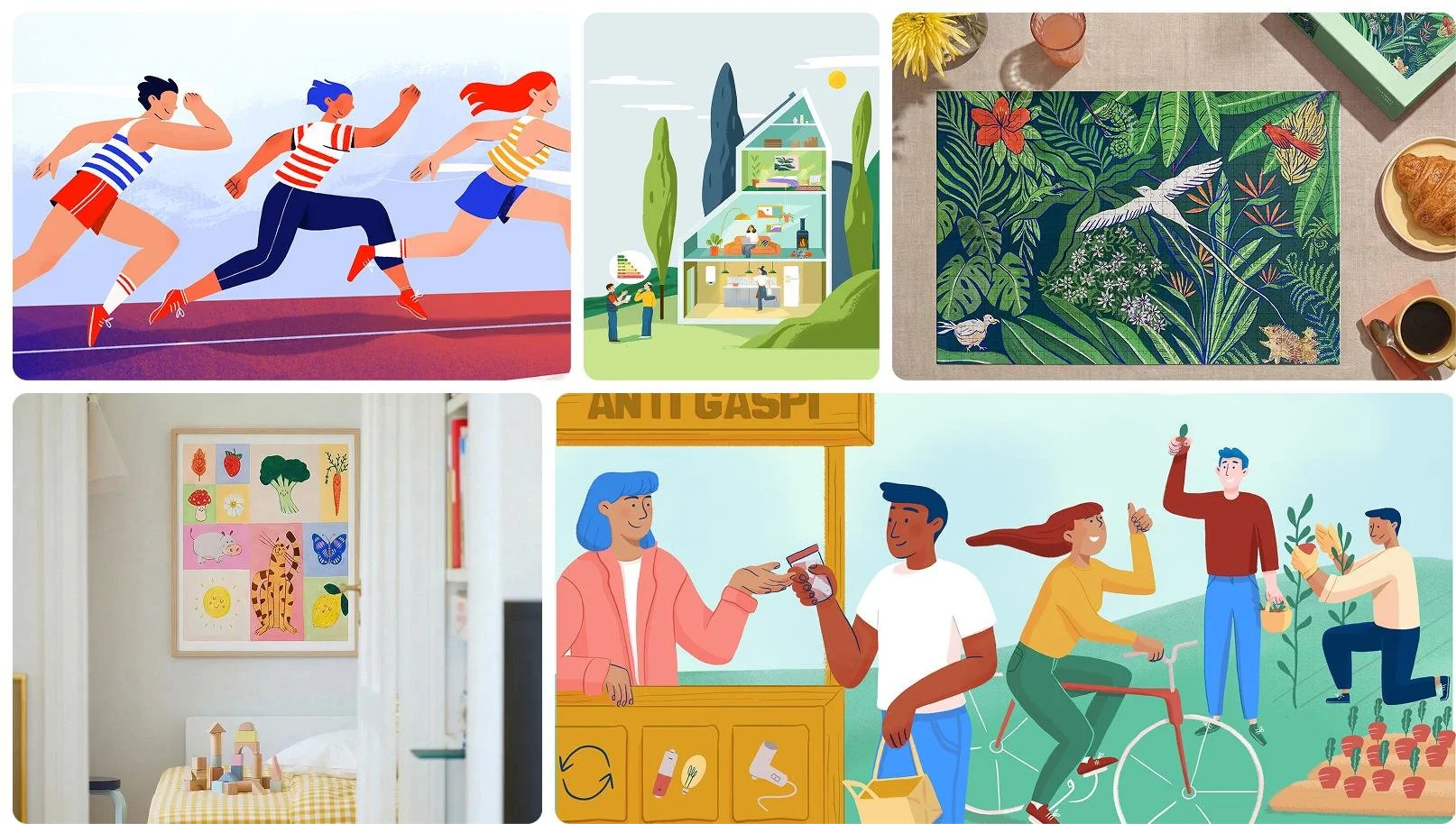 Un collage d'illustrations et de photos montrant des activités variées : des personnes courant sur une piste d'athlétisme, une maison futuriste dans un environnement naturel, un tapis de style jungle avec animaux, une pièce décorée avec des illustrations d'aliments et un tableau, et une scène de gens échangeant de l'argent à un stand avec un panneau "ANTI GASP".