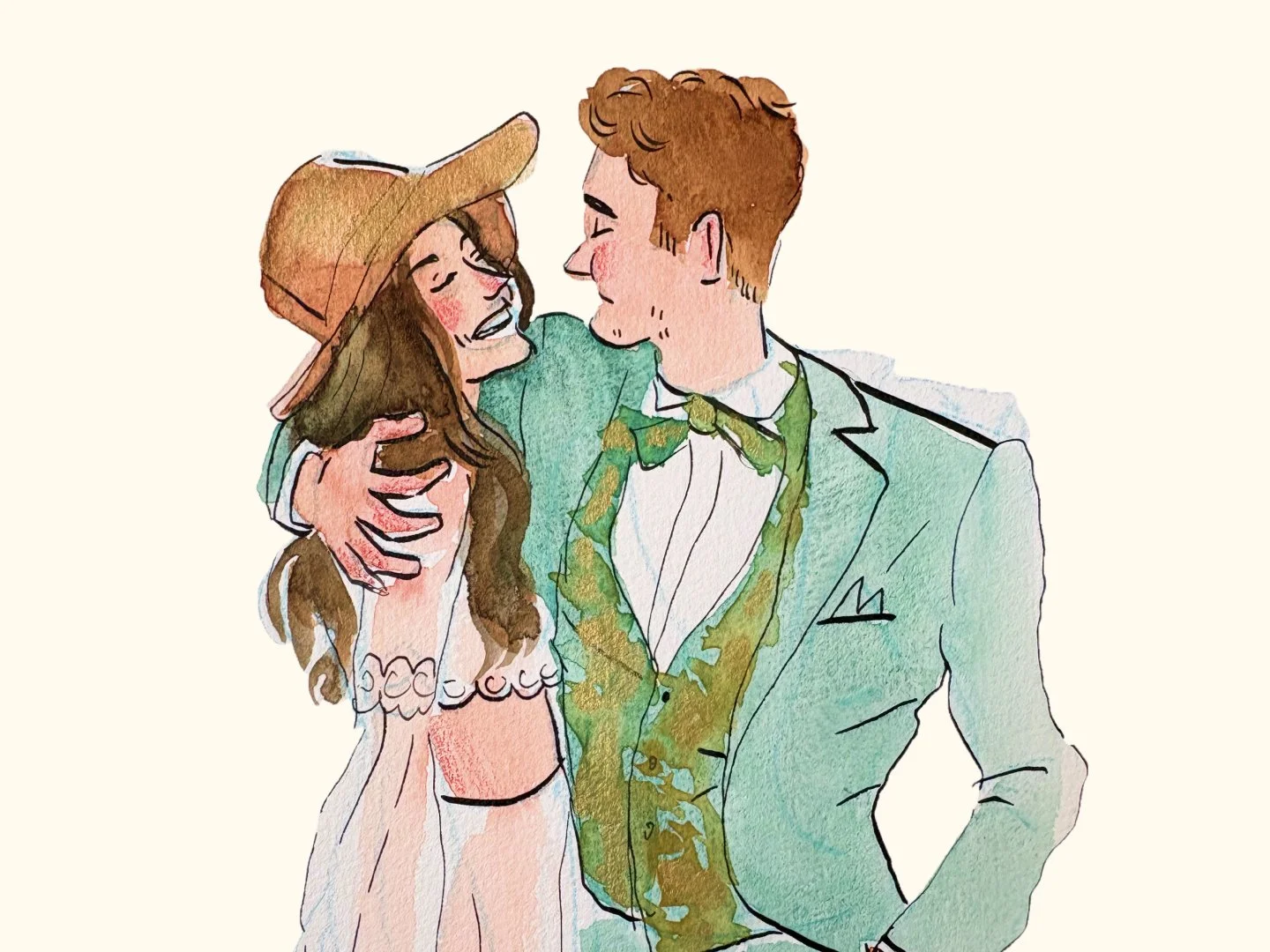 Une illustration d'un couple souriant se regardant tendrement, la femme portant un chapeau et une robe blanche, l'homme en smoking vert avec un nœud papillon, dans un style artistique watercolor.
