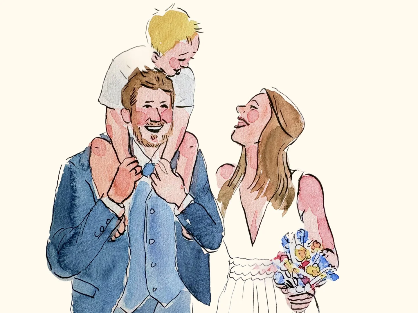 Un homme avec une veste bleue portant un enfant sur ses épaules, une femme avec un bouquet de fleurs, tous souriants et heureux, dans une illustration de style aquarelle.
