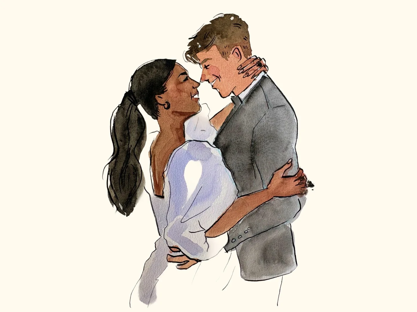 Des personnages d'illustration souriant, se tenant très proches, dans une posture romantique.