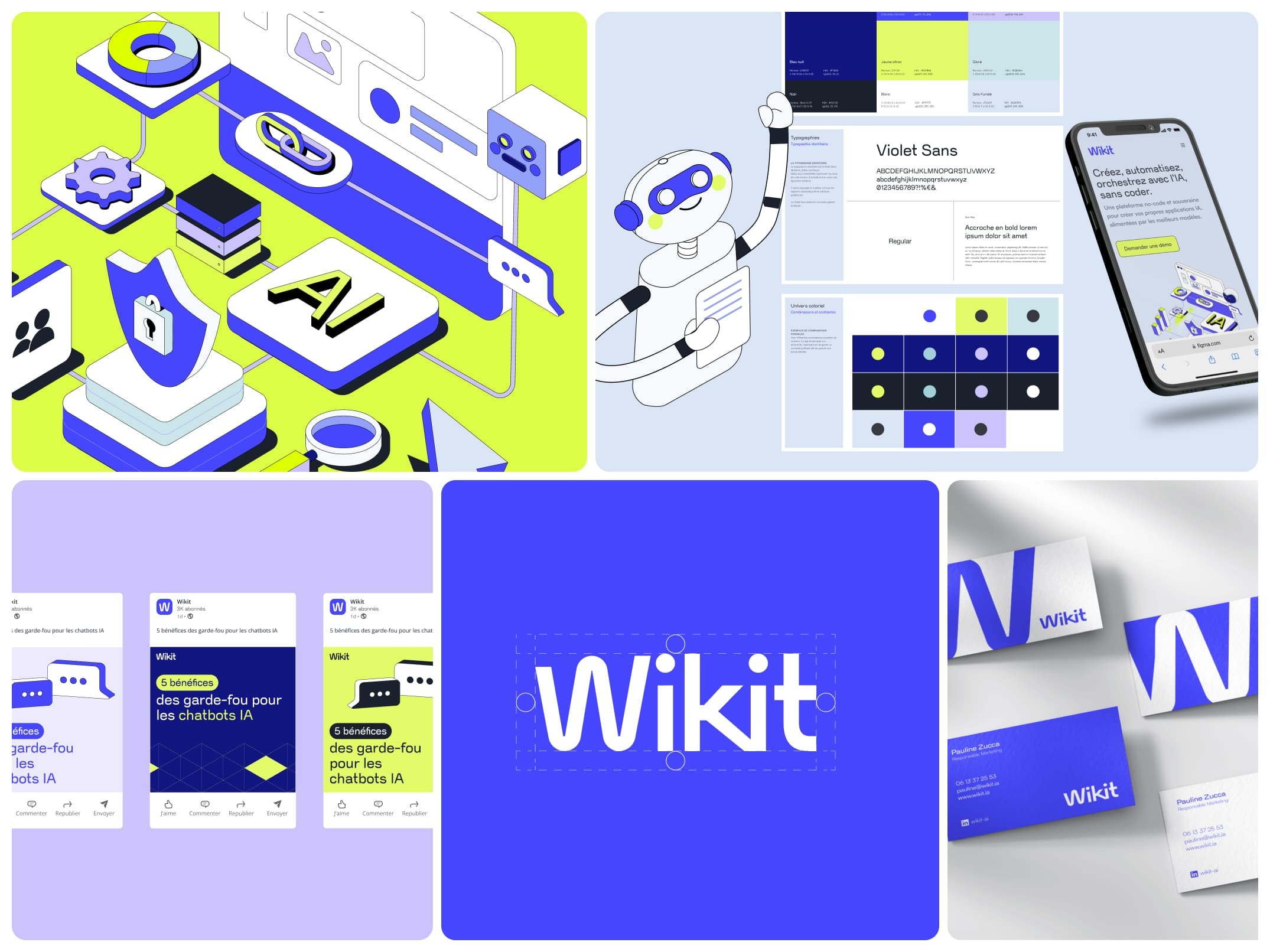 À l'image, plusieurs illustrations liées à la technologie et à l'intelligence artificielle : une illustration 3D d'un logo IA, un robot humanoïde, des affiches promotionnelles, des cartes de visite, un smartphone affichant une page web, et des designs graphiques de marque et de contenu numérique.