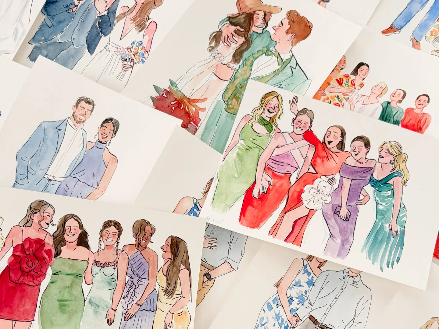 Collection de dessins illustrant des groupes de personnes, souriantes et en tenues élégantes, lors d'événements sociaux ou fêtes.