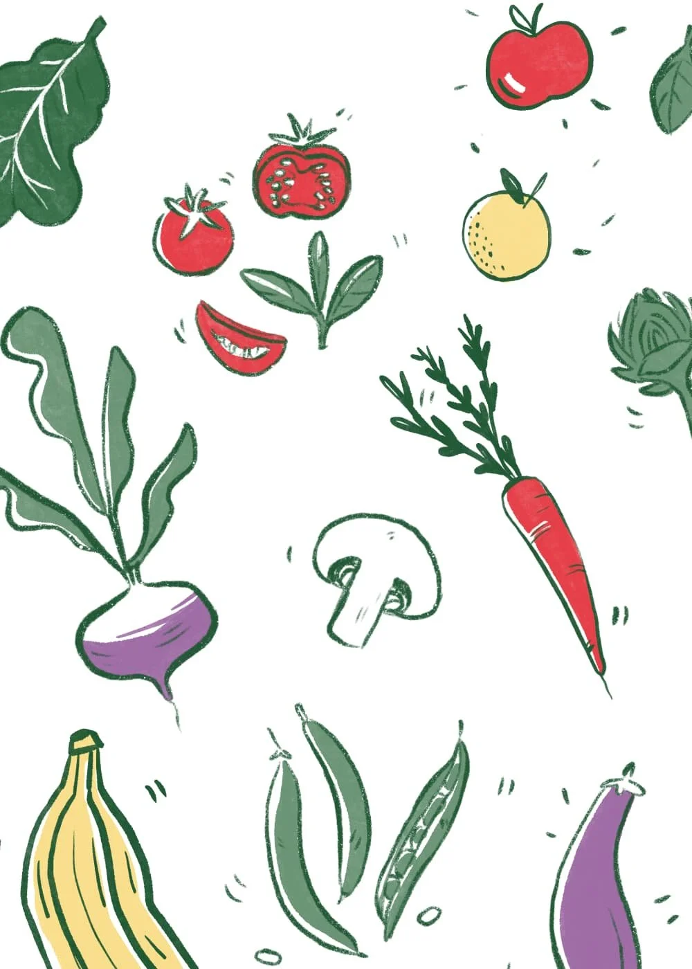 Illustration de légumes et fruits, notamment des tomates, une carotte, une asperge, une courgette, une banane, un champignon, un artichaut, des feuilles vertes, et un morceau de citron, tous dessinés de manière colorée et stylisée.
