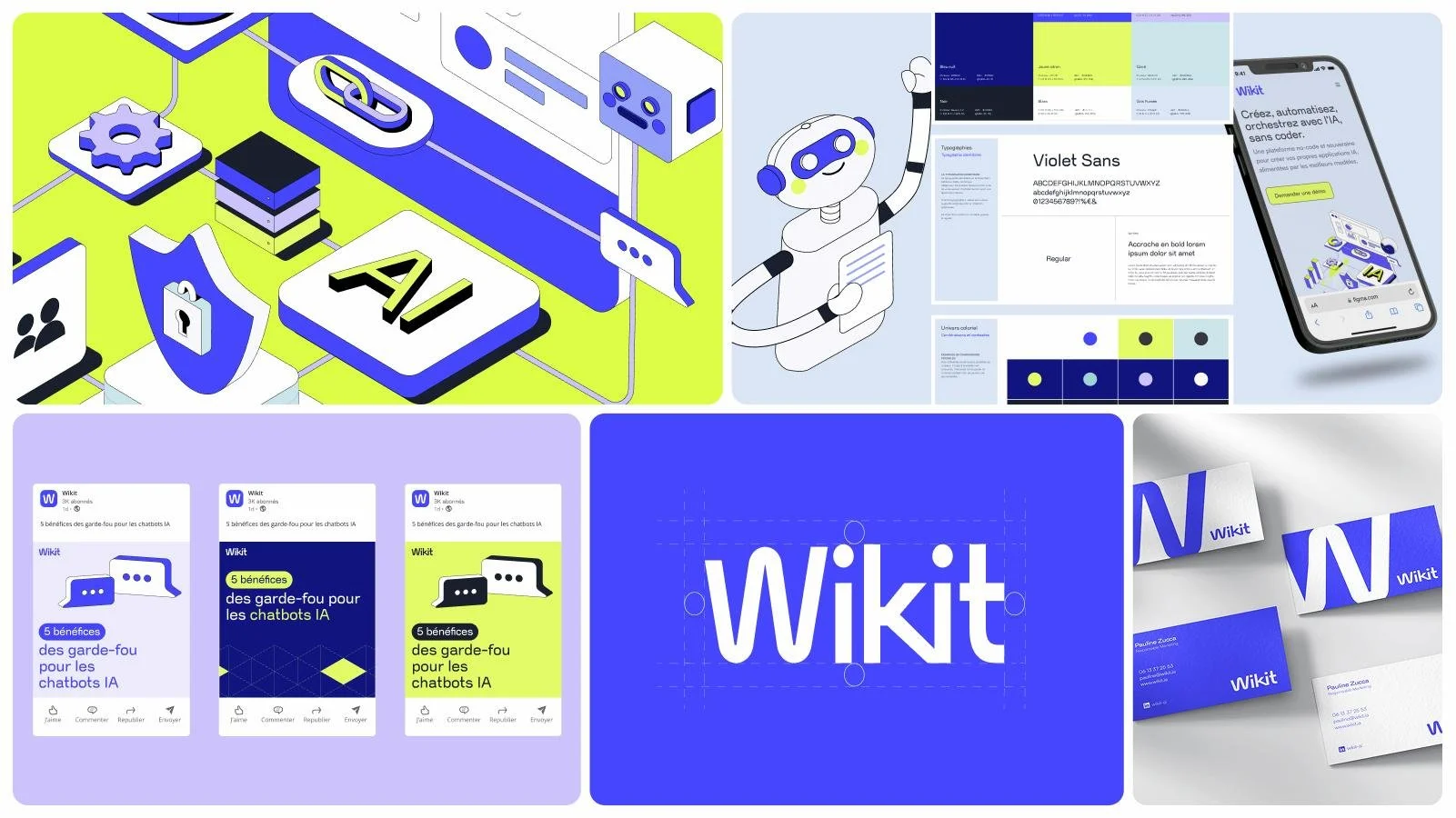 Collection d'illustrations et de maquettes de branding pour la marque Wikit, axées sur l'intelligence artificielle et l'assistance par chatbots, avec des éléments graphiques, typographiques et de design en bleu, vert, noir et blanc.