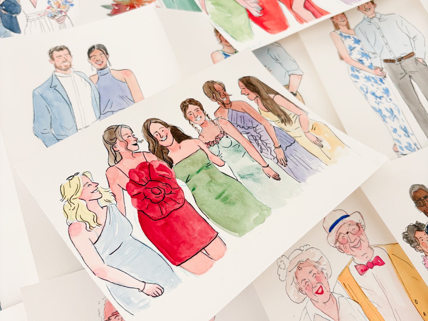 Dessins de personnages féminins et masculins lors d una cérémonie ou d un événement social, réalisés à l aquarelle.