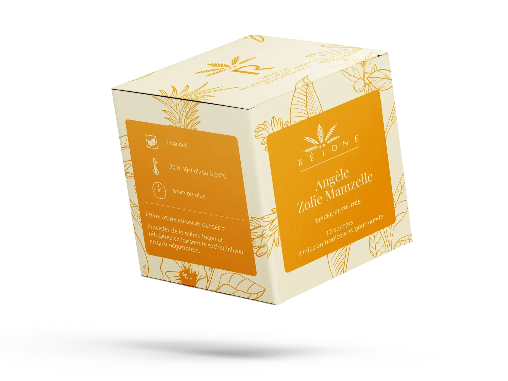 Boîte de thé en poudre de couleur beige avec des détails floraux orange, indiquant qu'il contient 12 sachets de thé épicé et fruité nommé 'Angèle Zolie Mamzelle', avec instructions d'infusion et une suggestion pour une infusion glacée.