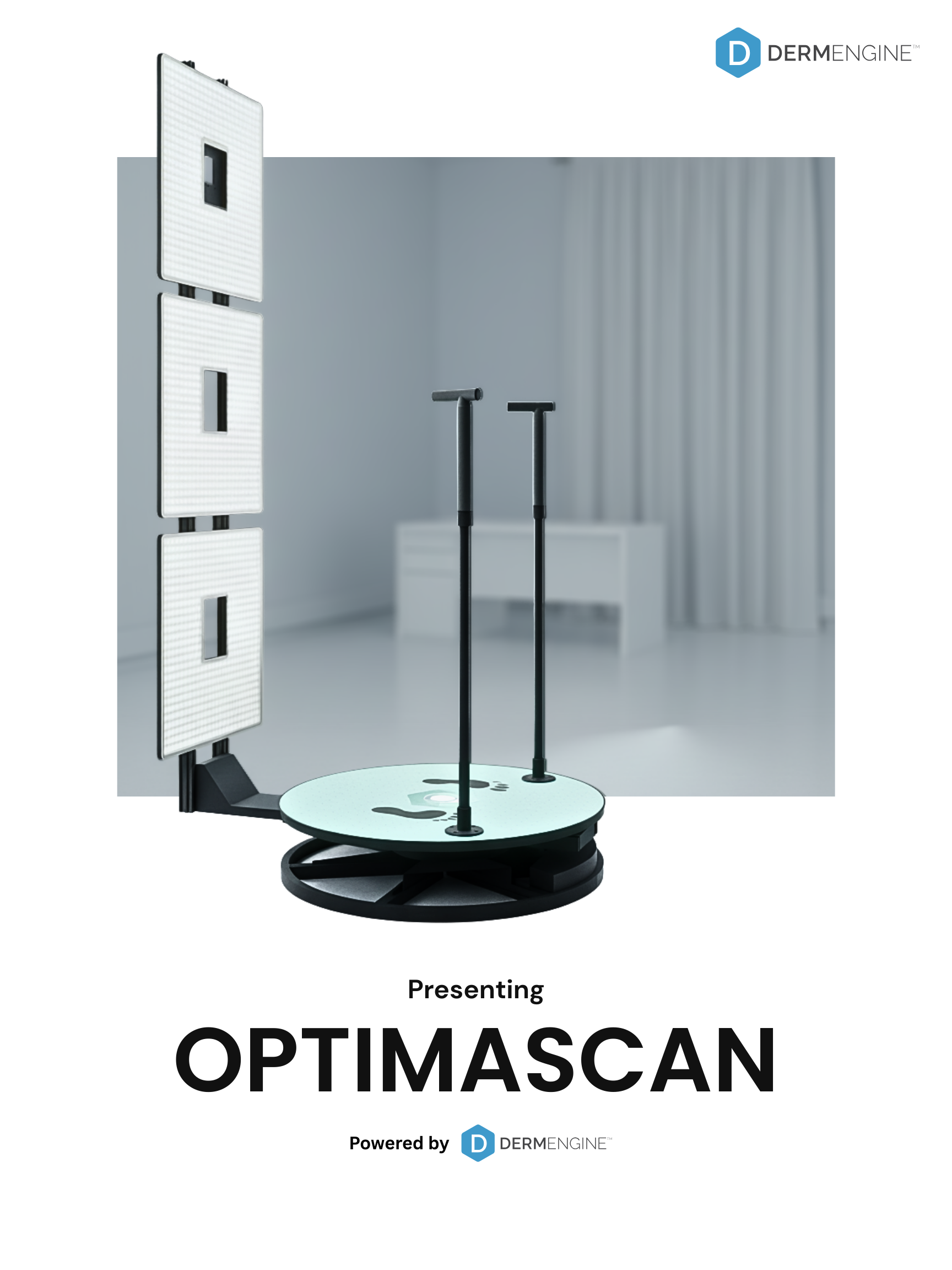 Optimascan device with a circular platform, two vertical handles, and a vertical panel with three white rectangular sections, branded with DERMENGINE logo.