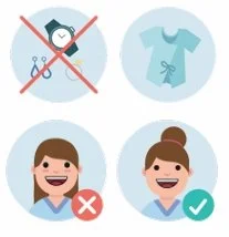 Icons indicating no watch or jewelry. Women with hair up showing check mark while hair down shows x.