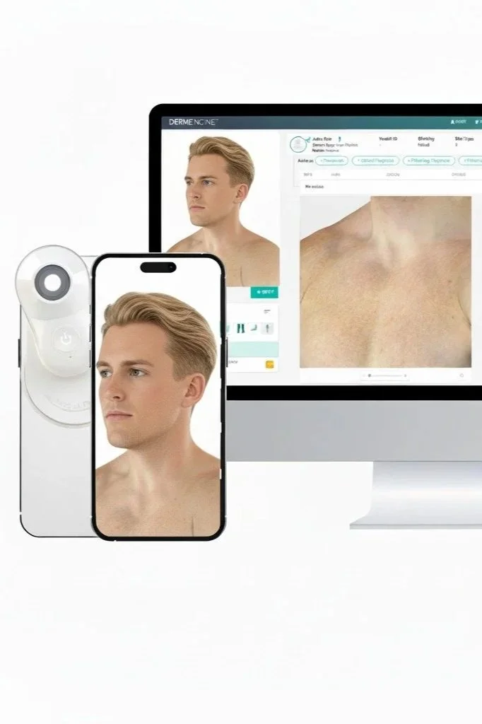 Skin cancer dermoscopy showing a man's face on a computer screen and a smartphone, with a close-up of skin on the device.