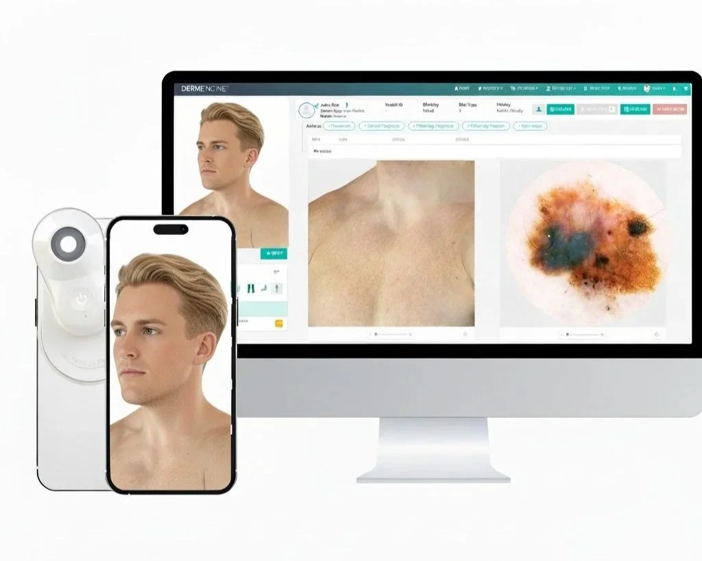 Medical analysis of skin using a dermascope and computer, with images of a man's shoulder skin and a mole on the computer screen.