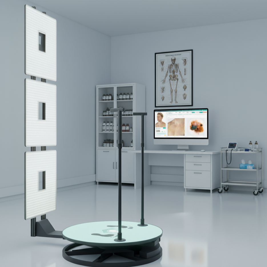 A modern skincare or dermatology treatment room with a large LED light therapy device, a digital screen displaying skin analysis, shelves with skincare products, and a medical chart of the human skeleton on the wall.