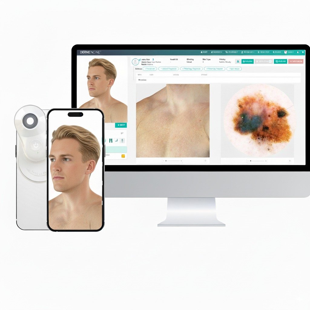 A computer screen displaying a skin analysis application, a smartphone with a man's face showing a close-up of his skin, and a handheld skin imaging device capturing skin images.