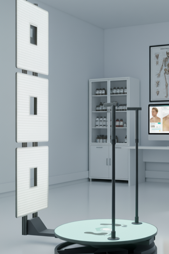Medical room with a skin cancer screening platform and vertical poles, a white cabinet with bottles, and a computer monitor on the wall.
