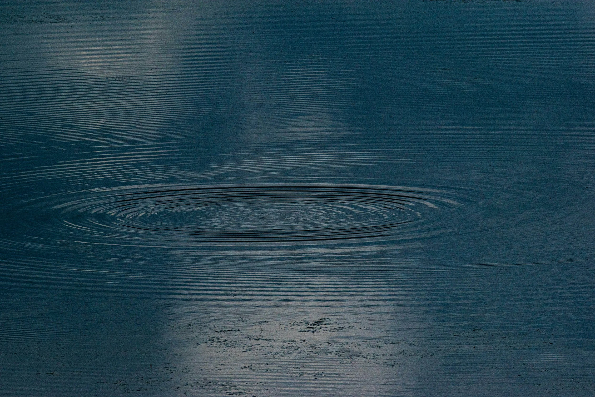Close-up of water surface with concentric ripples and reflections of the sky.