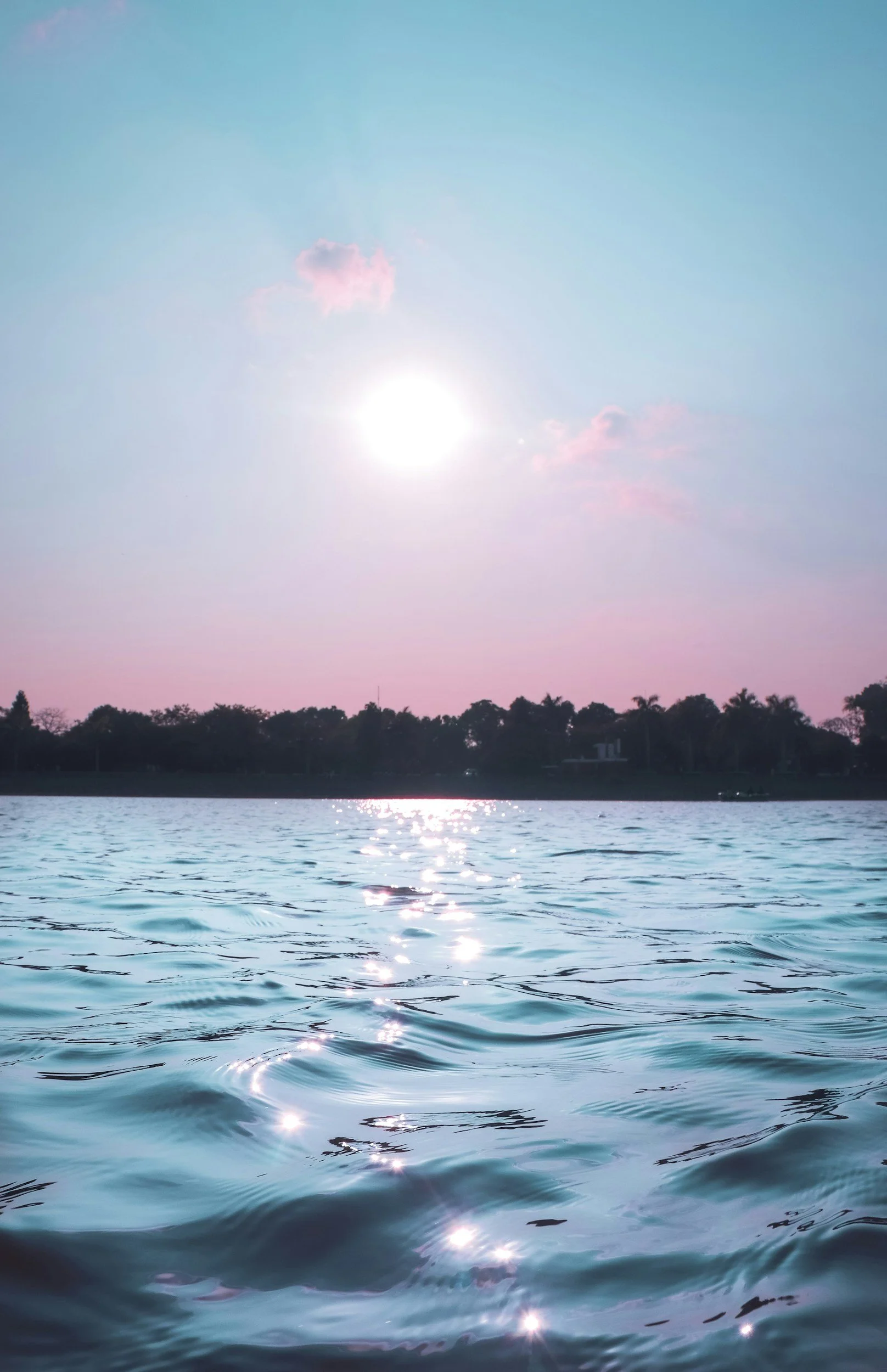Sun over a calm body of water with rays reflecting on the surface, silhouettes of trees along the shoreline, and a pink and blue sky with a few pink clouds.