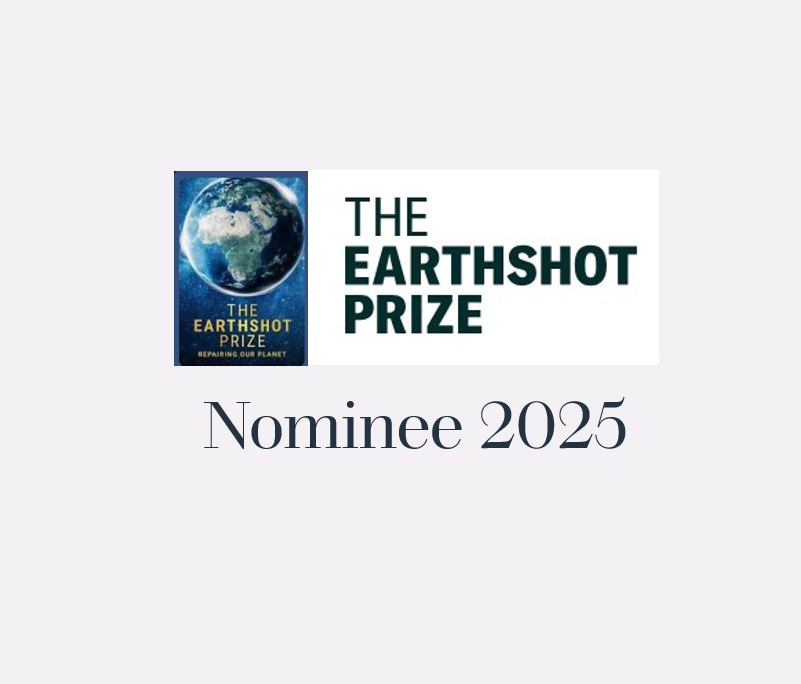 Nominee for the 2025 Earthshot Prize, featuring a logo with a picture of Earth and the text 'The Earthshot Prize' and the subtitle 'Rebuilding Our Planet'.