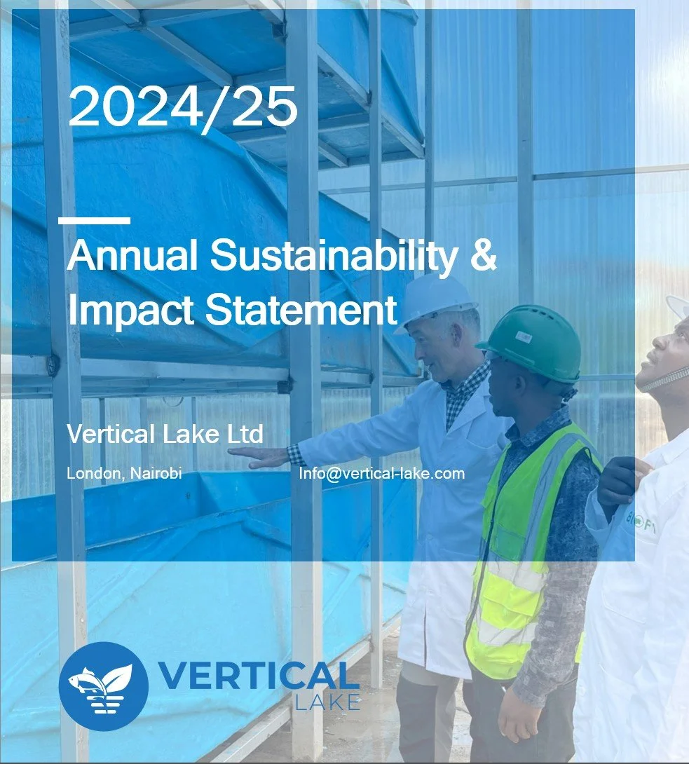 Cover page of Vertical Lake Ltd's 2024/25 Annual Sustainability & Impact Statement, featuring three people in safety helmets and vests inspecting a structure inside a greenhouse or industrial facility.