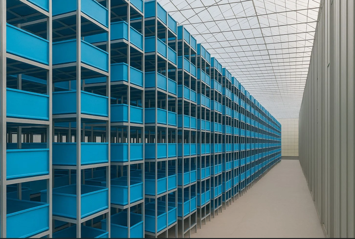 Empty blue storage shelves in a warehouse aisle.