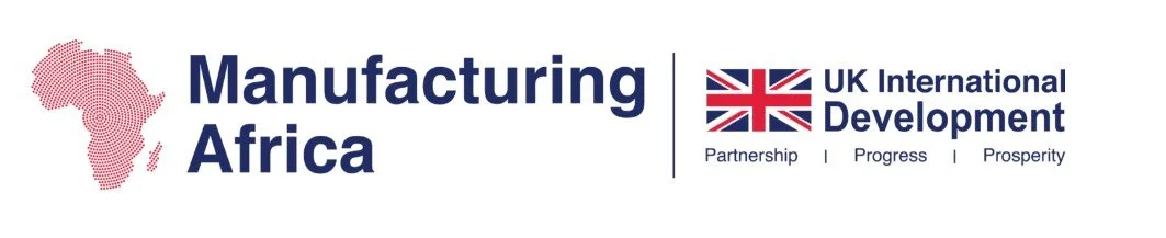 Logo for Manufacturing Africa with an outline of the African continent and a UK flag, along with the words 'UK International Development' and the motto 'Partnership Progress Prosperity'.