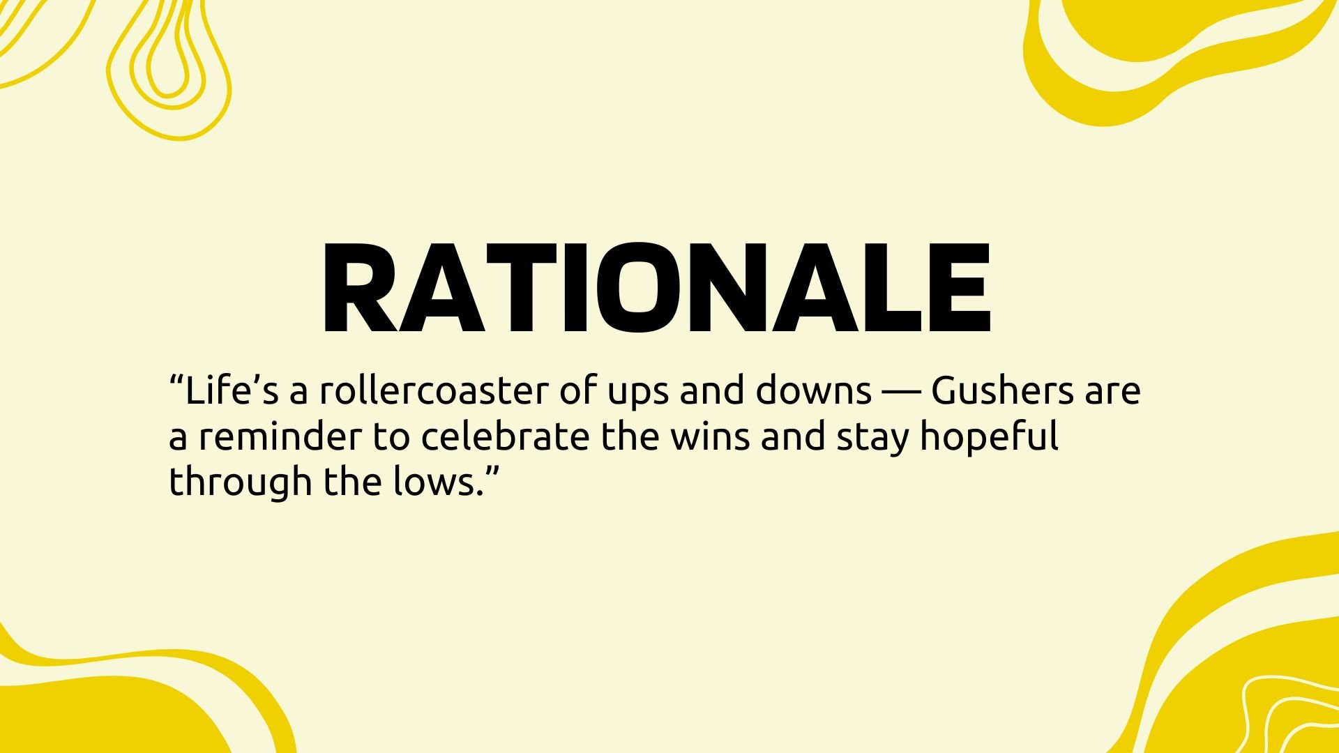 Graphic with the word RATIONALE in bold black text, a quote about life's ups and downs, and decorative yellow abstract shapes in the corners.