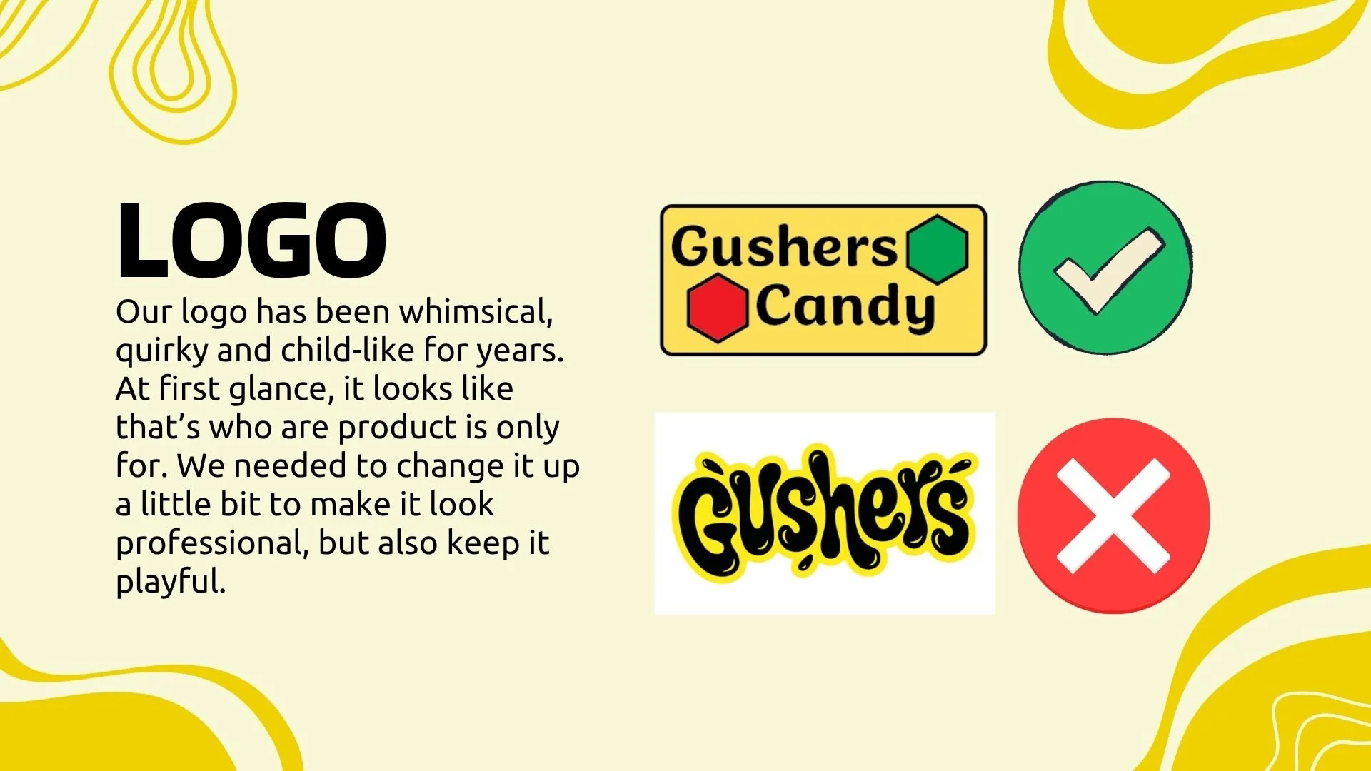 An informational graphic comparing old and new logos for Gushers Candy, featuring a blocky logo with red and green hexagons and a playful logo with yellow and black text, alongside checkmark and cross icons.