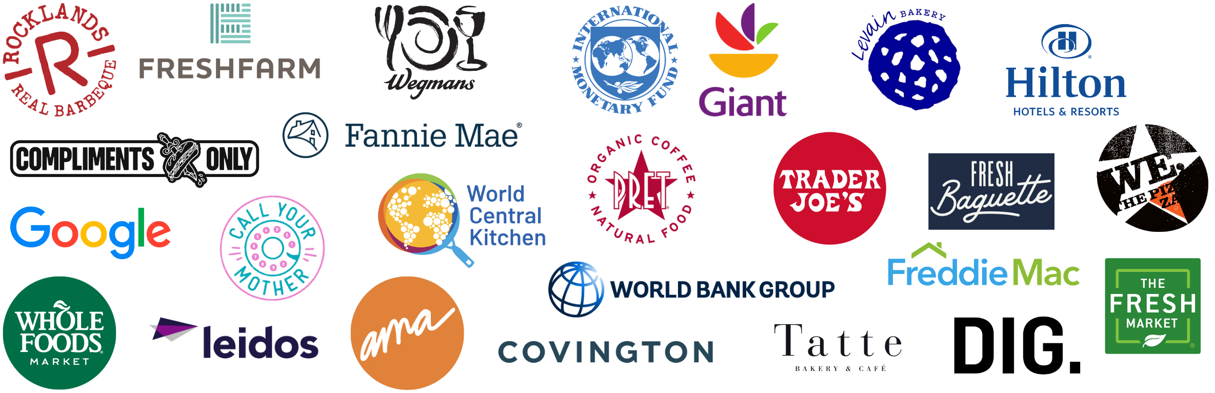 Collage of logos of businesses that donate food to DC Food Rescue, including Wegmans, Trader Joe's, Tatte Bakery, Levain Bakery, DIG Inn, and Rocklands BBQ
