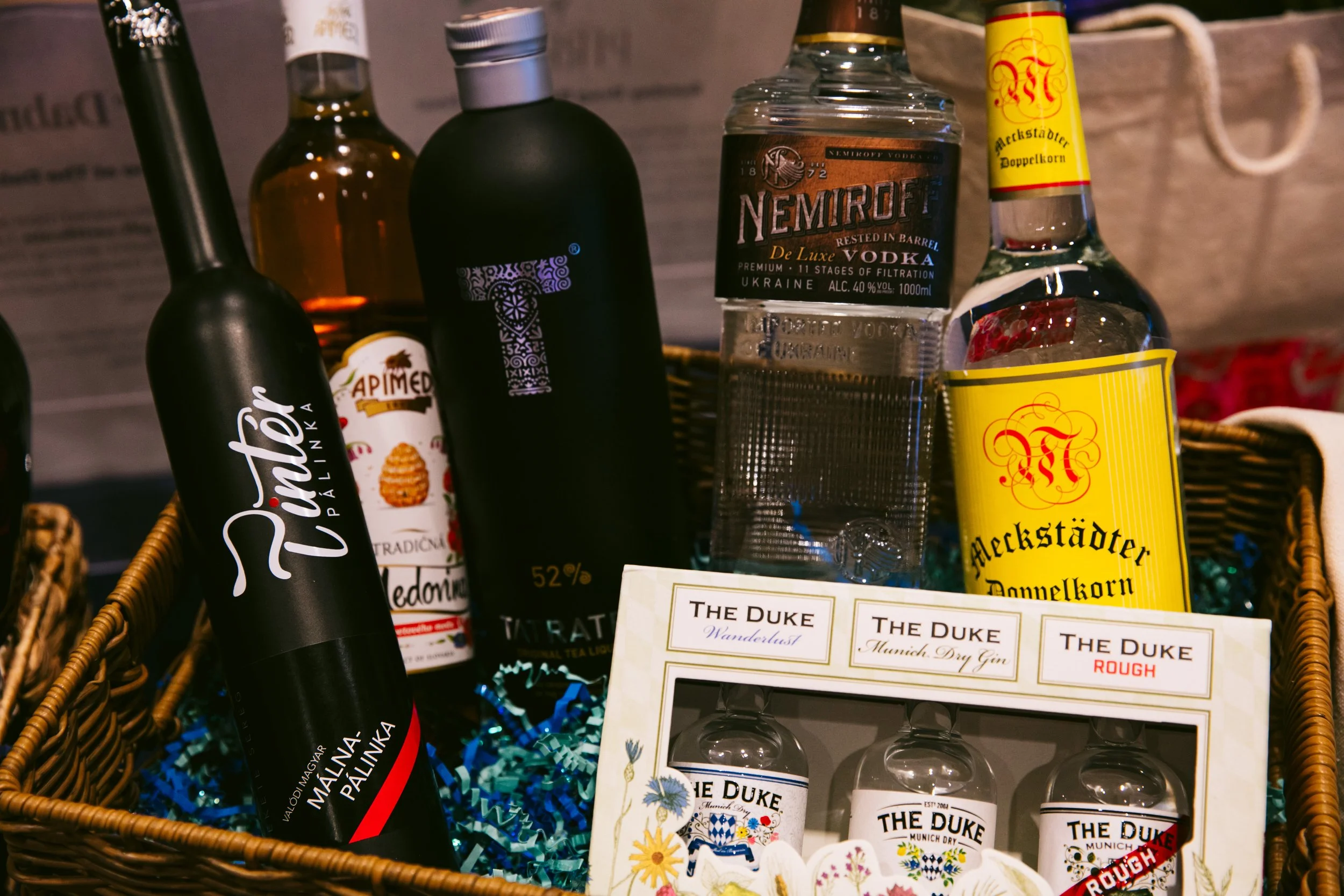 Basket of European spirits in WE RESCUE 26! silent auction