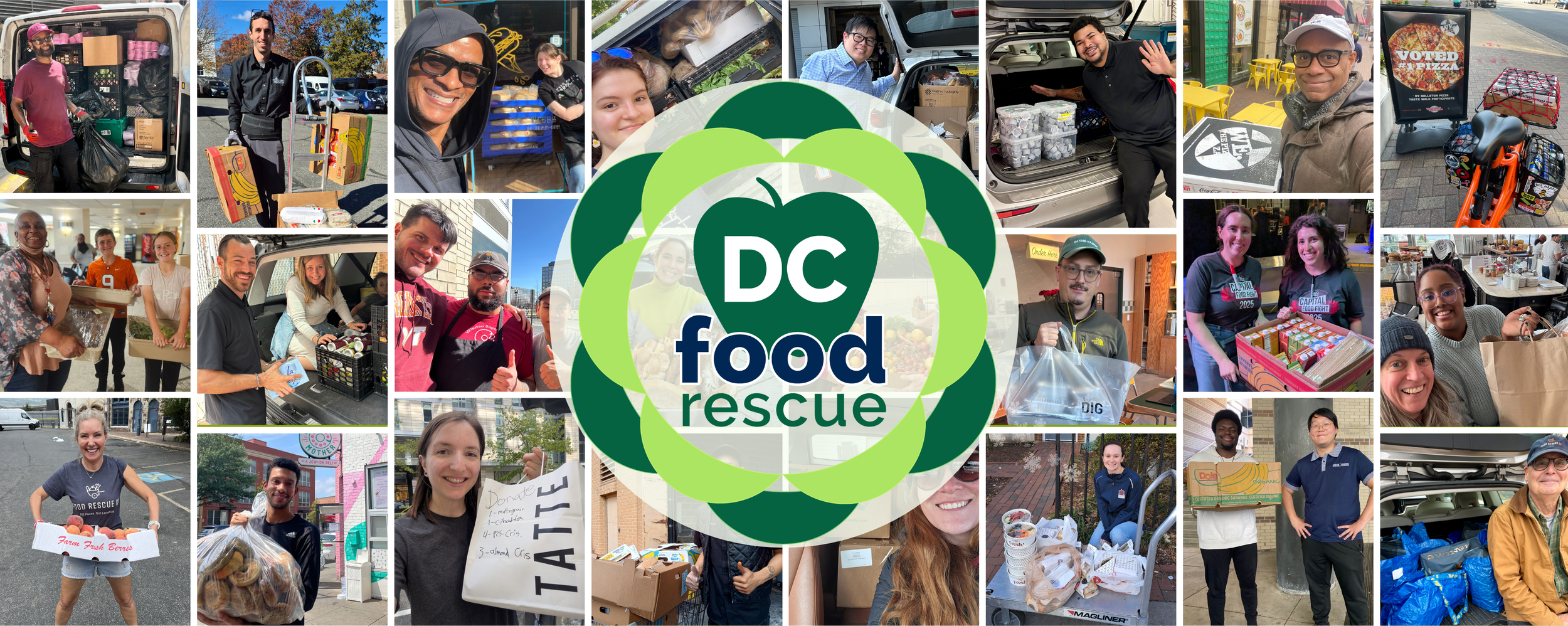 Collage of smiling volunteers doing food rescues, behind the DC Food Rescue logo