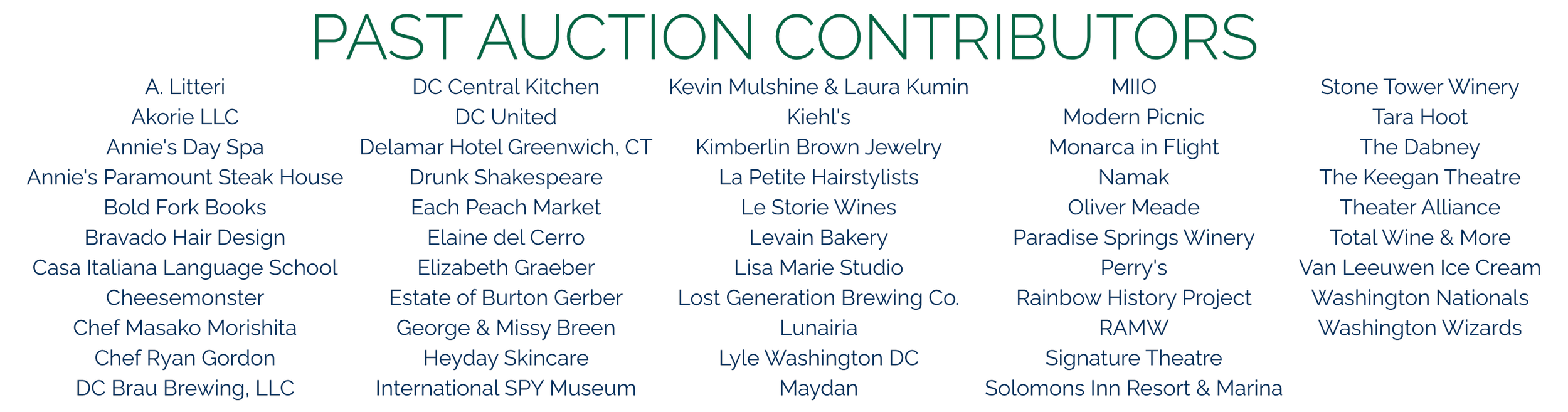 List of people and businesses that have previously contributed to WE RESCUE! silent auctions.