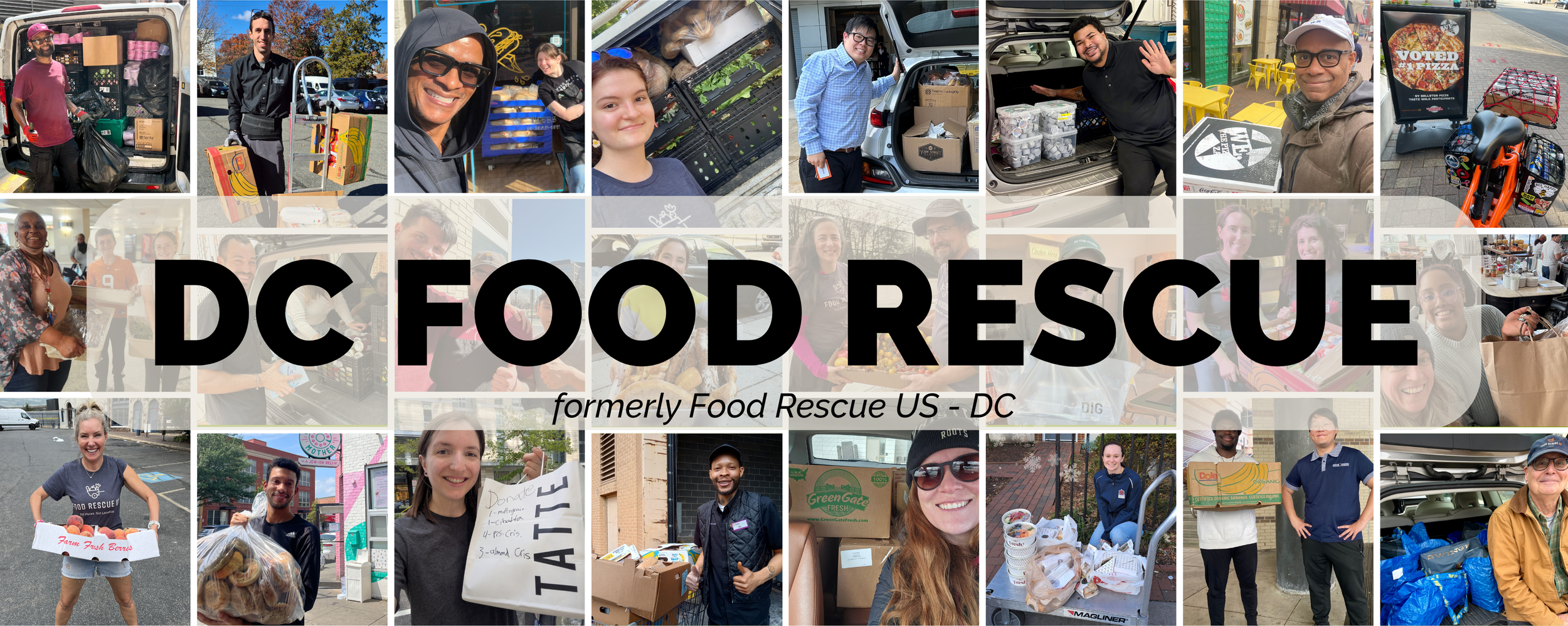 Collage of DC Food Rescue volunteers across the DMV area, delivering food donations to local organizations serving people in need.