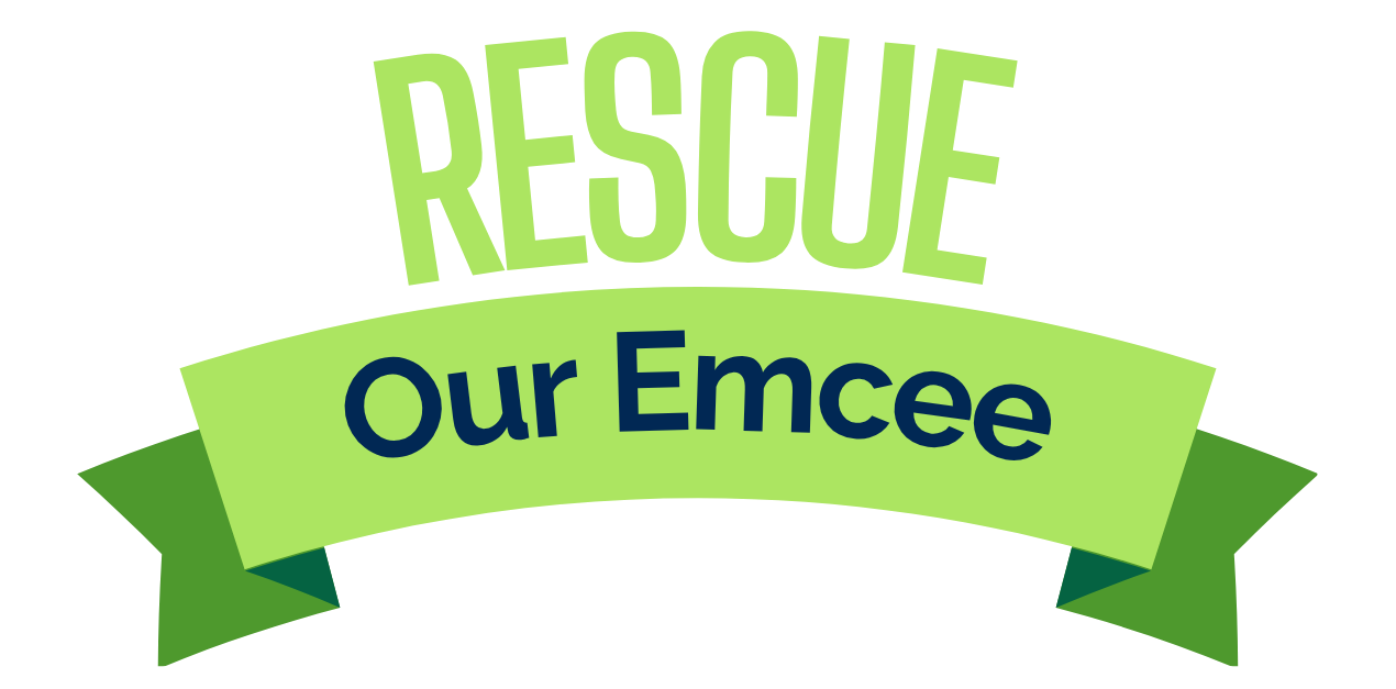 Graphic announcing emcee for WE RESCUE 26!