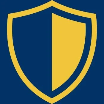 A shield emblem divided into two halves, with a yellow and blue color scheme.