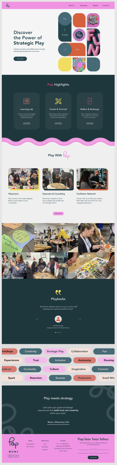 Homepage section of the Pop CoLab website refresh, showcasing updated layout, messaging, and visuals that highlight its approach to strategic play and team experiences.