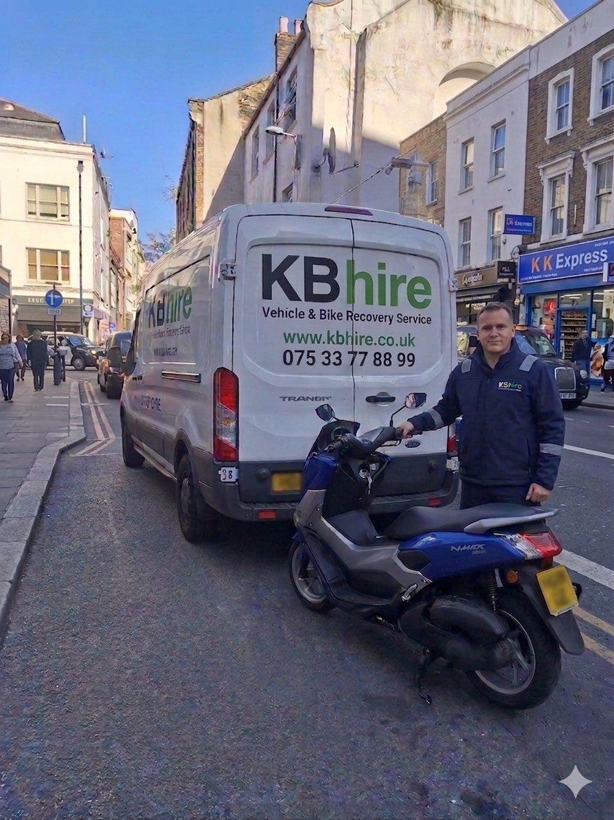 A man standing next to a motorcycle in front of a white van on a city street. The van has KP Hire vehicle and bike recovery service branding. The man is wearing a dark jacket with a logo. Shops and pedestrians are visible in the background.