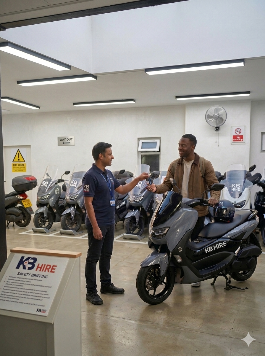 A man receiving a safety briefing from a staff member in a scooter rental shop. The man is sitting on a black scooter with a helmet on the handlebar. Several scooters are parked in the background inside the shop.