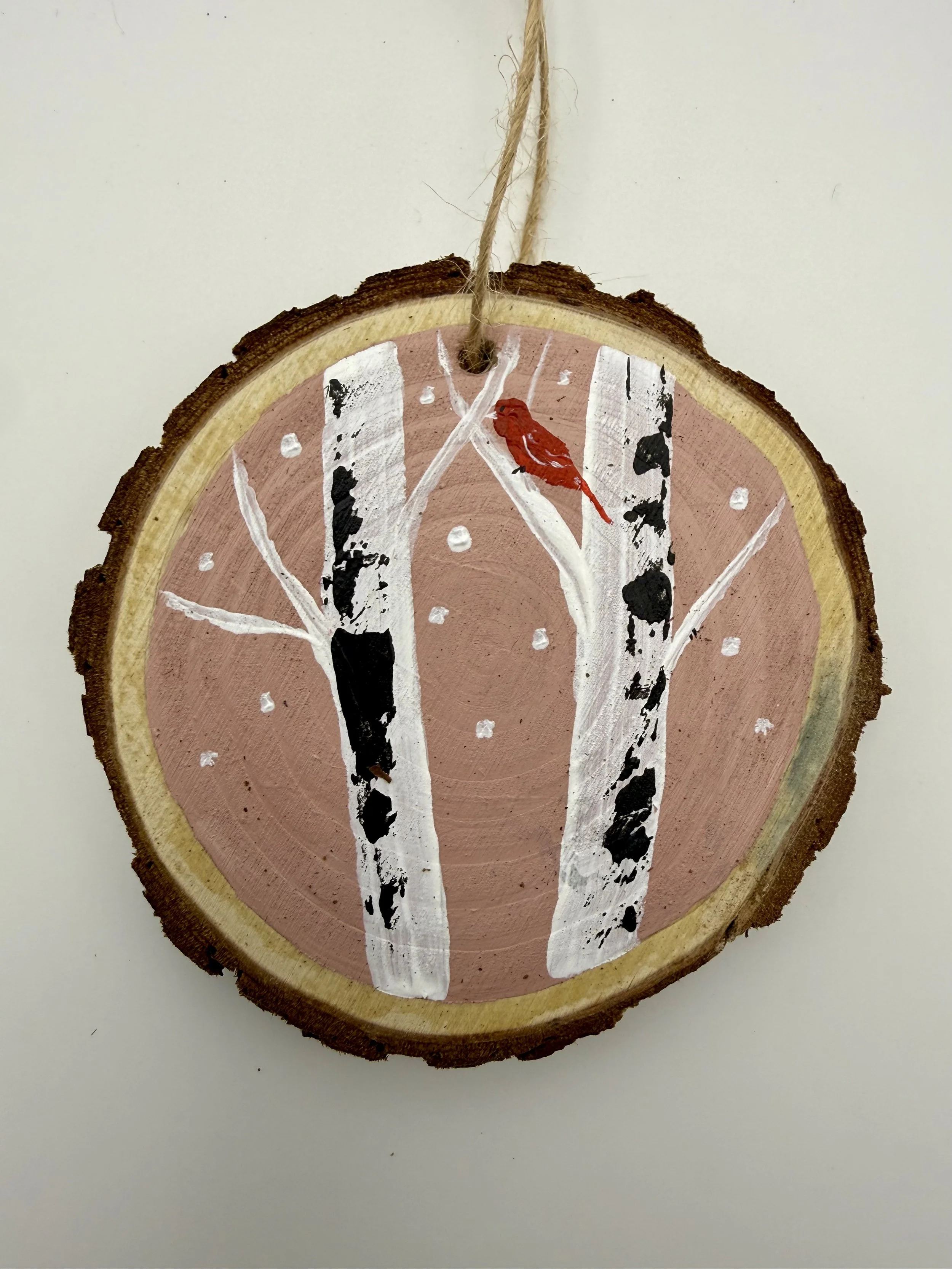 BIRCH TREES & CARDINAL #2 / Hand-Painted Acrylic Wood Holiday Ornament / 3x3" / $12 / Available at Milton Artists' Guild in Milton, VT