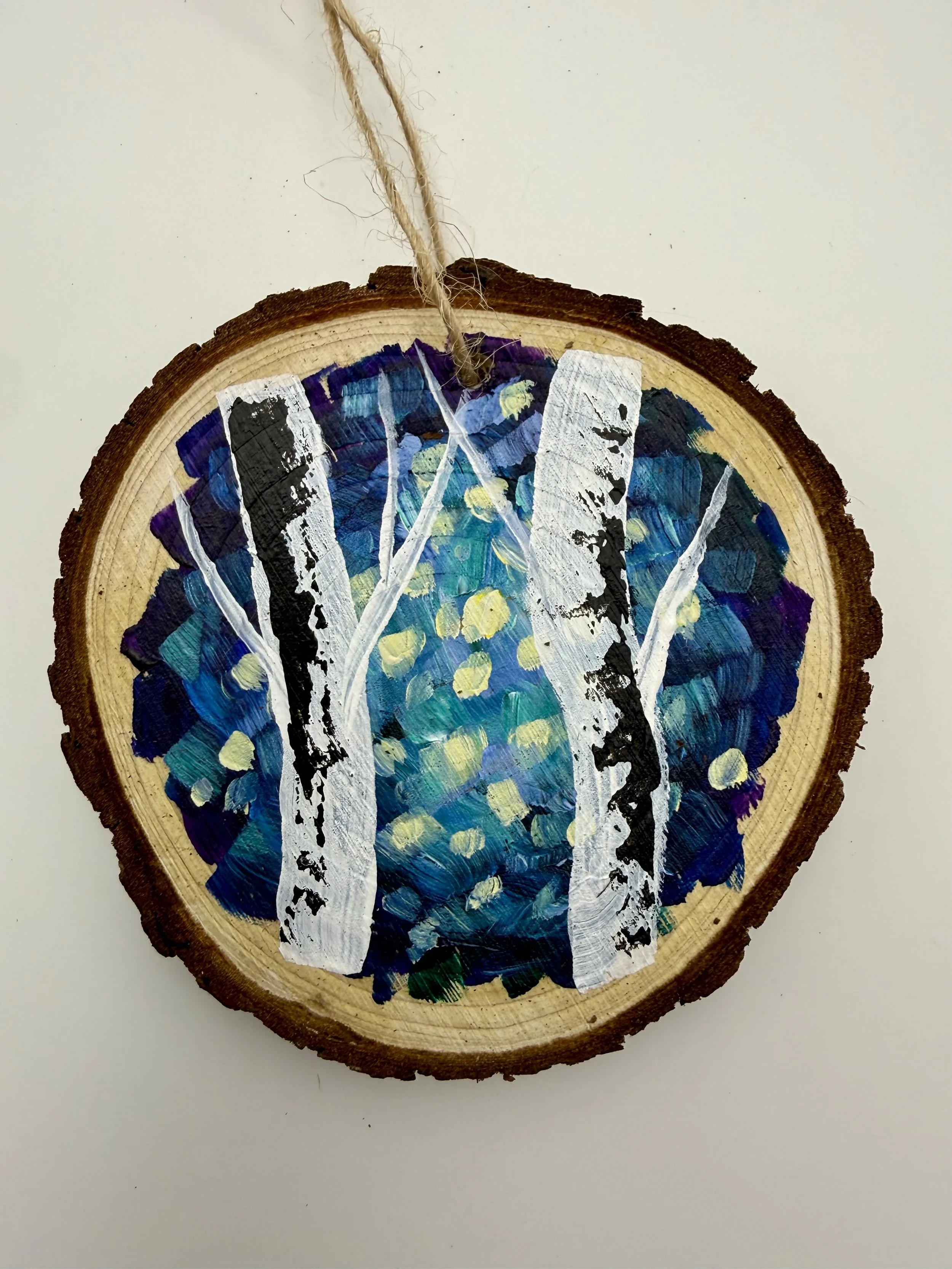 GREEN BIRCH TREES #1 / Hand-Painted Acrylic Wood Holiday Ornament / 3x3" / $12 / Available at Milton Artists' Guild in Milton, VT