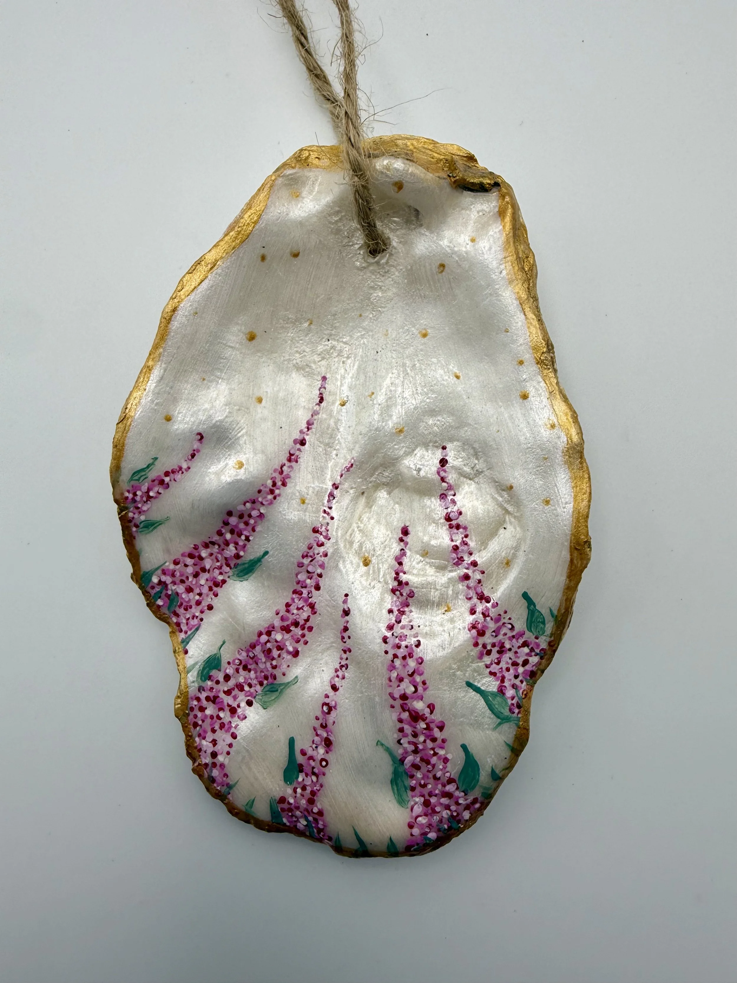 PINK LUPINES ON PEARL #2 / Hand-Painted Oyster Shell Ornament / $12 / Available at Milton Artists' Guild in Milton, VT