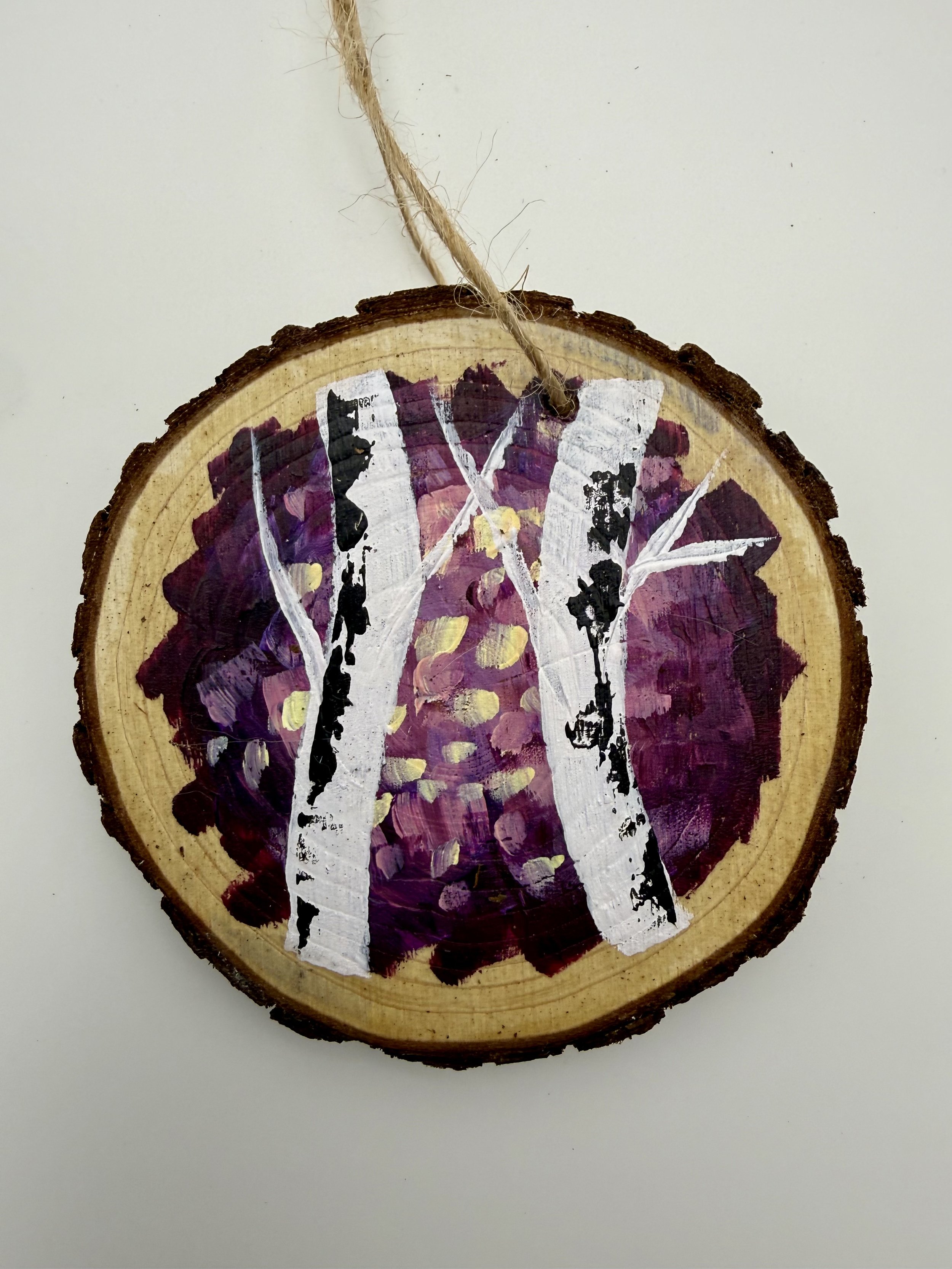 RED BIRCH TREES #1 / Hand-Painted Acrylic Wood Holiday Ornament / 3x3" / $12 / Available at Milton Artists' Guild in Milton, VT