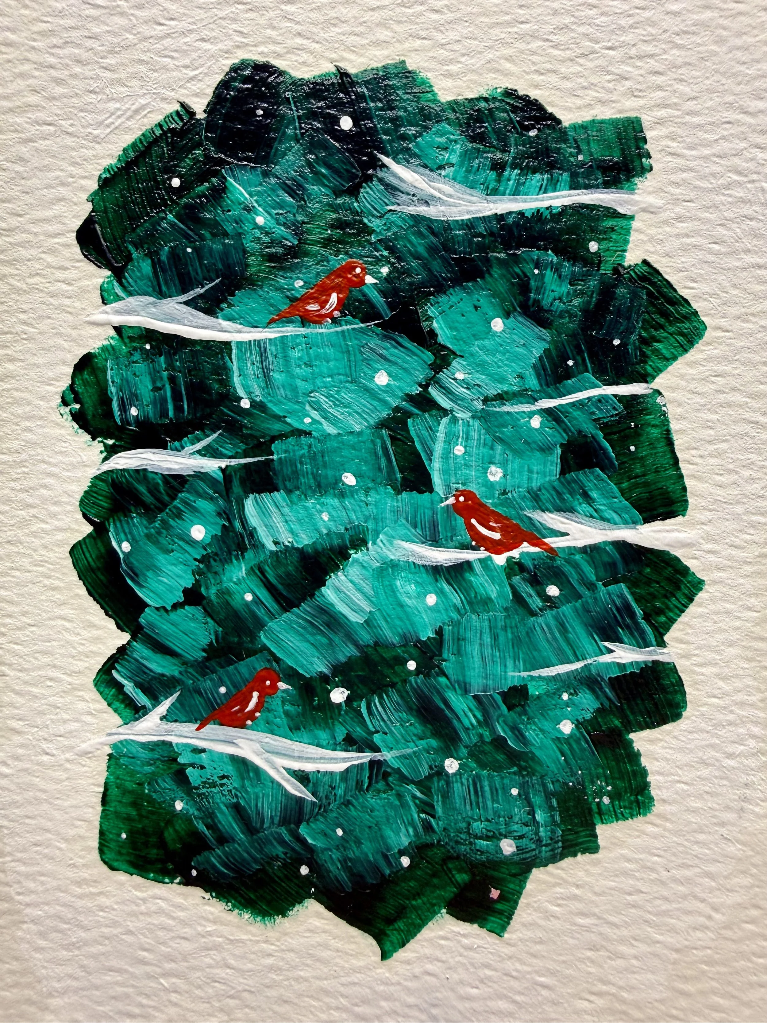 CARDINALS IN THE FOREST #1 / Hand-Painted Acrylic Greeting Card / 4x6" / $6 / Coming Soon to Milton Artists' Guild in Milton, VT