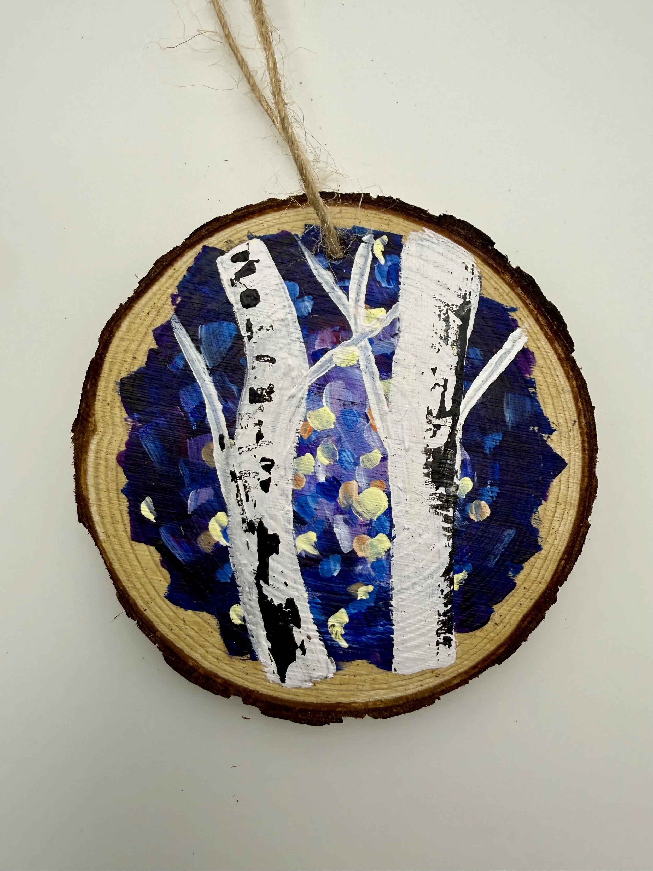 BLUE BIRCH TREES #1 / Hand-Painted Acrylic Wood Holiday Ornament / 3x3" / $12 / Available at Milton Artists' Guild in Milton, VT