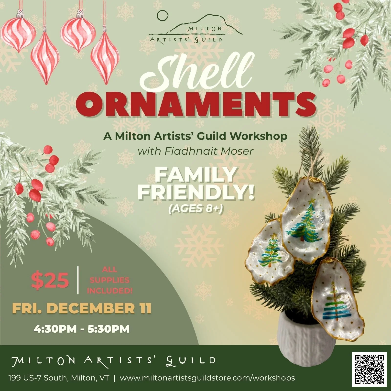 A flyer for a holiday-themed workshop titled 'Shell Ornaments' hosted by the Milton Artists' Guild, featuring decorative shell ornaments with Christmas tree paintings, green pine branches, red berries, and red Christmas ornaments on a pastel background with snowflake patterns.