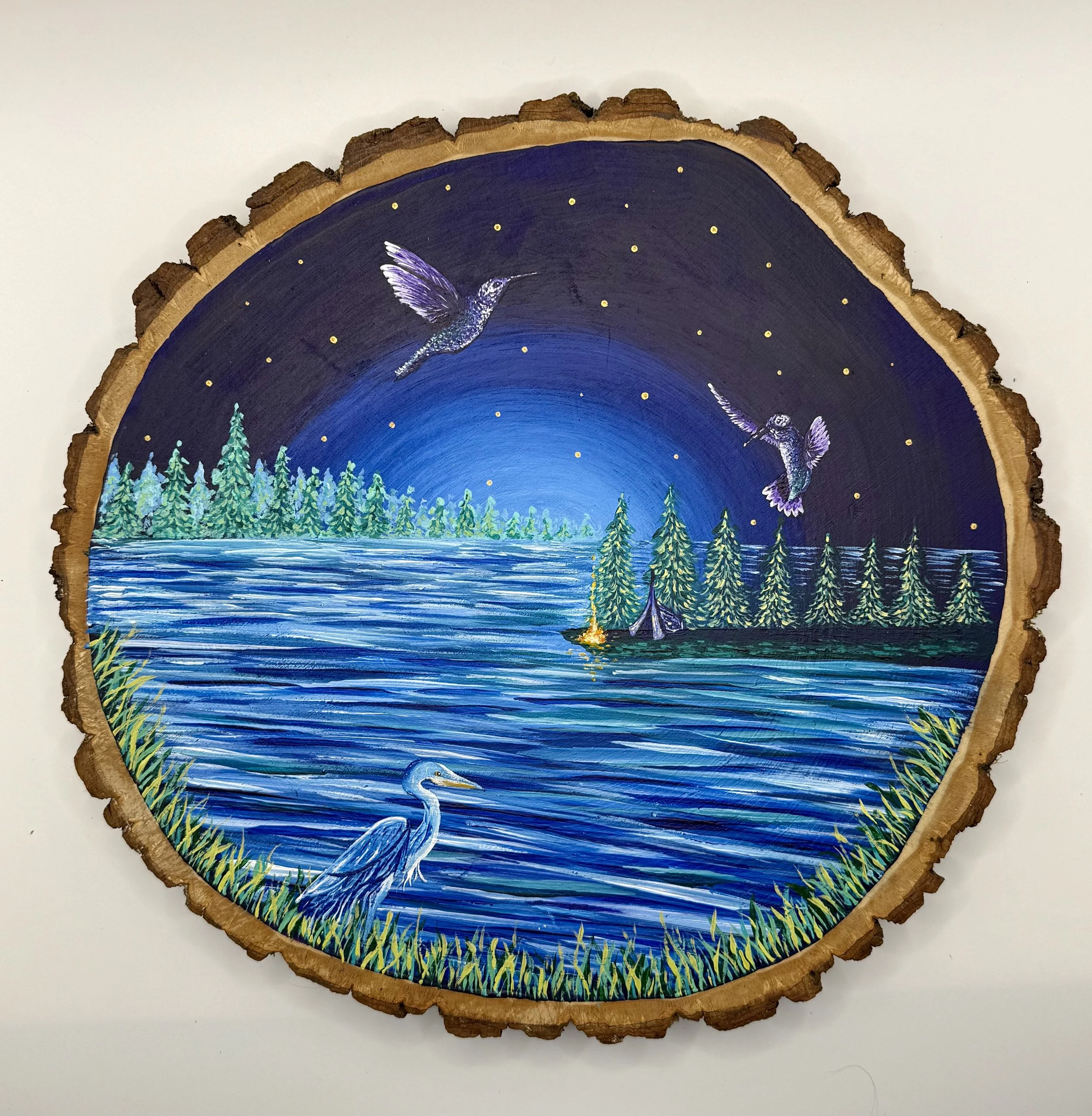 Nighttime on the Lake: Hummingbirds and Heron
Acrylic on Wood
12 inches
Recreations: $300
Commissions (9-12 inches): $200-$400
