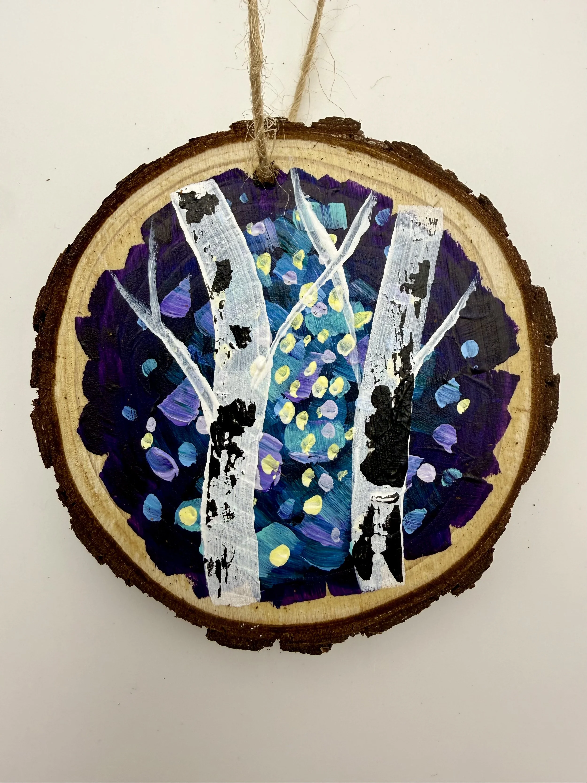 GREEN BIRCH TREES #2 / Hand-Painted Acrylic Wood Holiday Ornament / 3x3" / $12 / Available at Milton Artists' Guild in Milton, VT