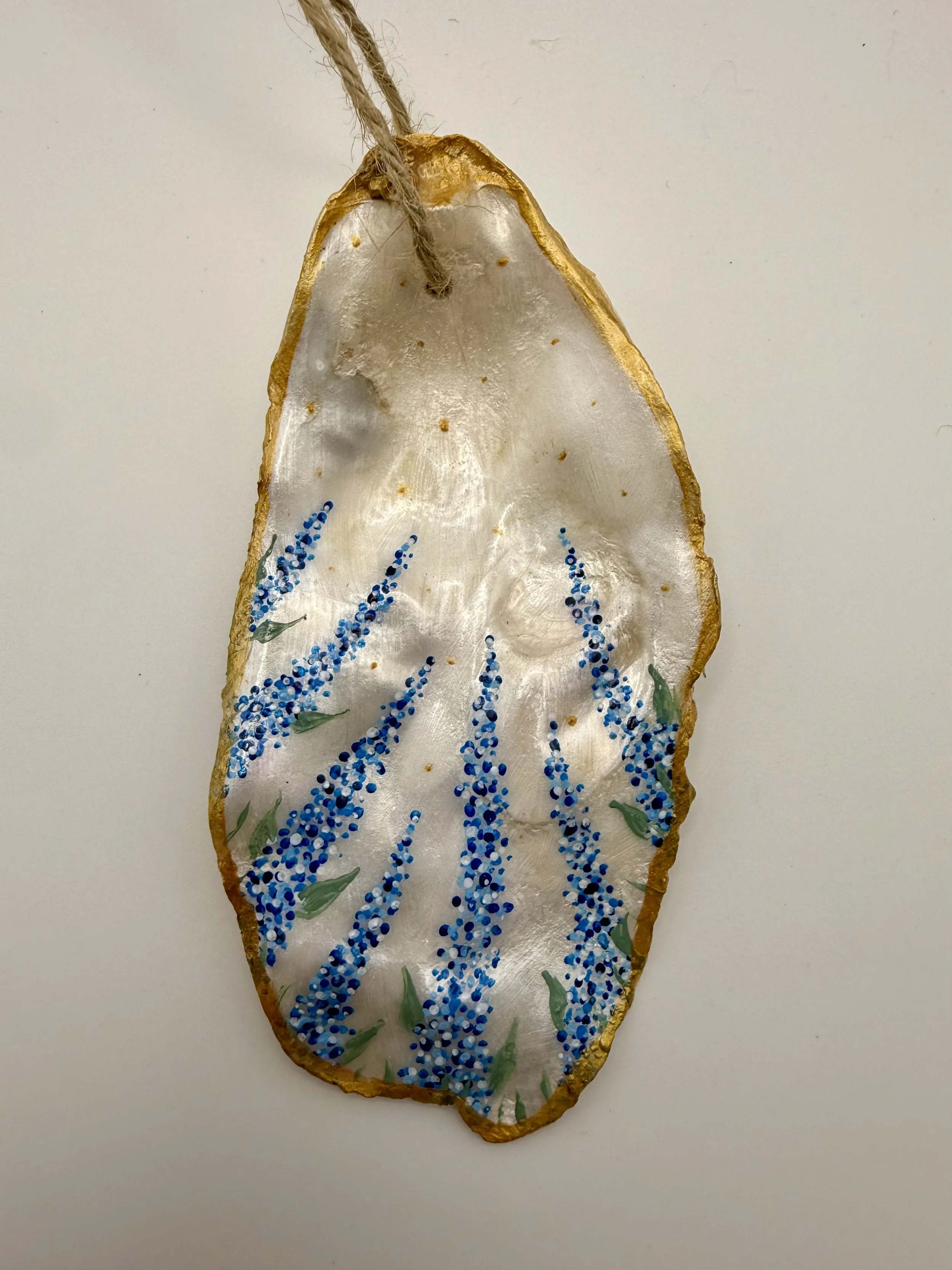 BLUE LUPINES ON PEARL #2 / Hand-Painted Oyster Shell Ornament / $12 / Available at Milton Artists' Guild in Milton, VT
