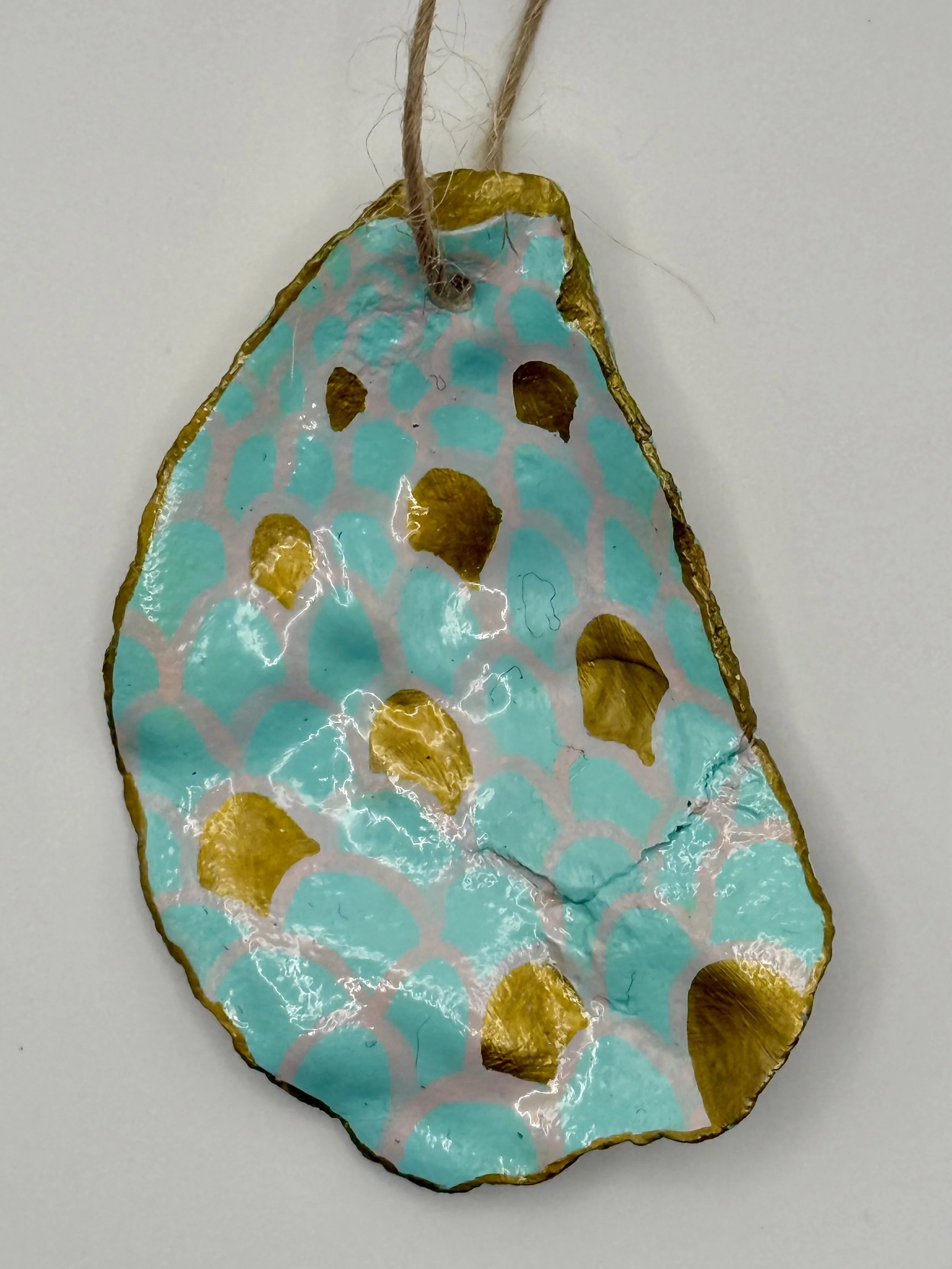 SEAFOAM MERMAID SCALES #1 / Hand-Painted Oyster Shell Ornament / $12 / Coming Soon to Milton Artists' Guild in Milton, VT