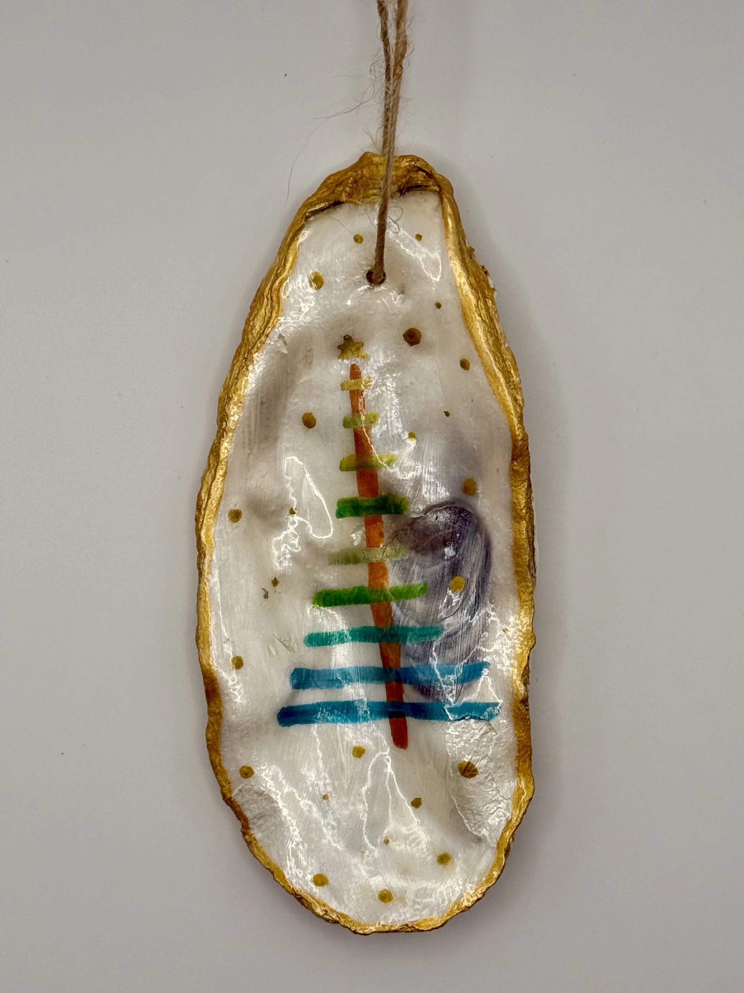 LINES CHRISTMAS TREE #1 / Hand-Painted Oyster Shell Ornament / $12 / Coming Soon to Milton Artists' Guild in Milton, VT